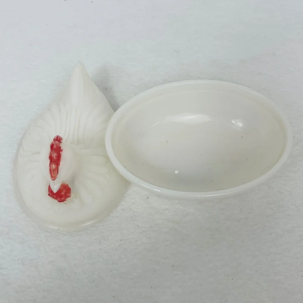 Vintage Milk Glass Hen on Nest Trinket Dish White Red Farmhouse Decor Good